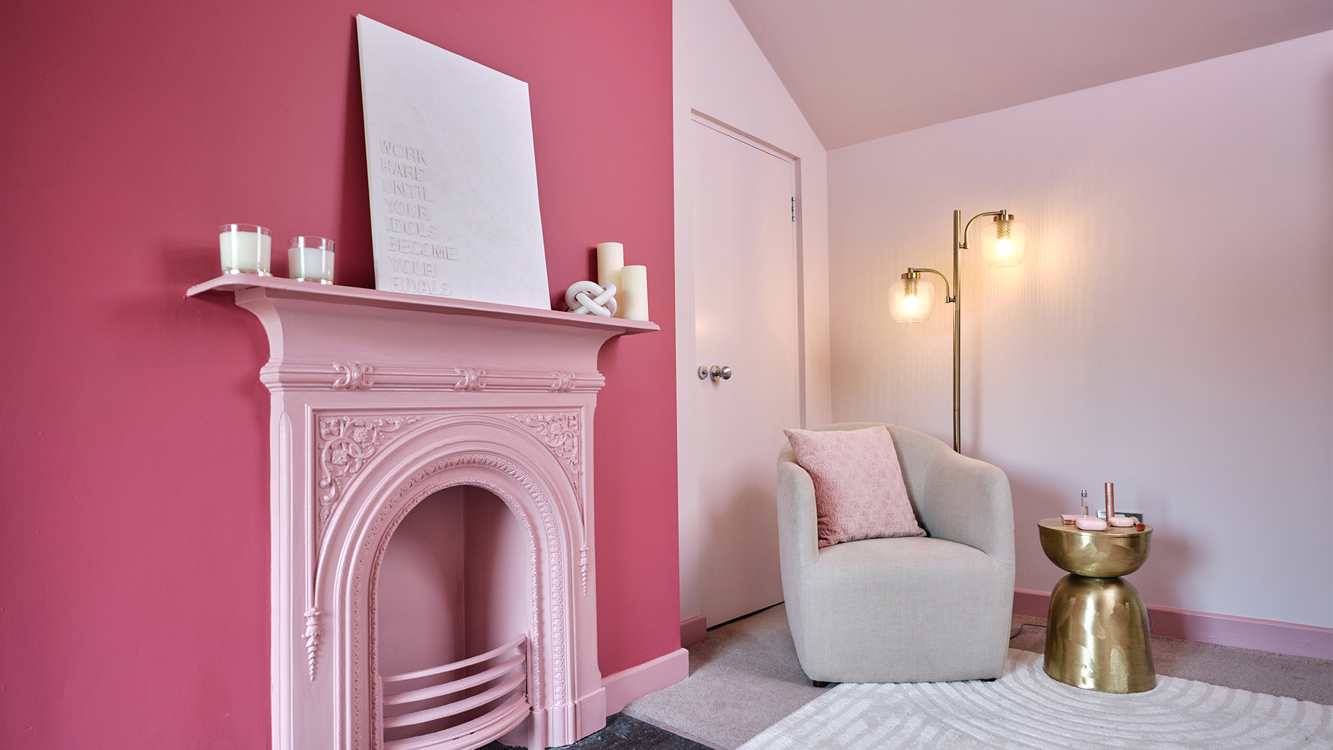 Potters Pink on walls, DH Blossom on fireplace and Fitzrovia Red on feature wall