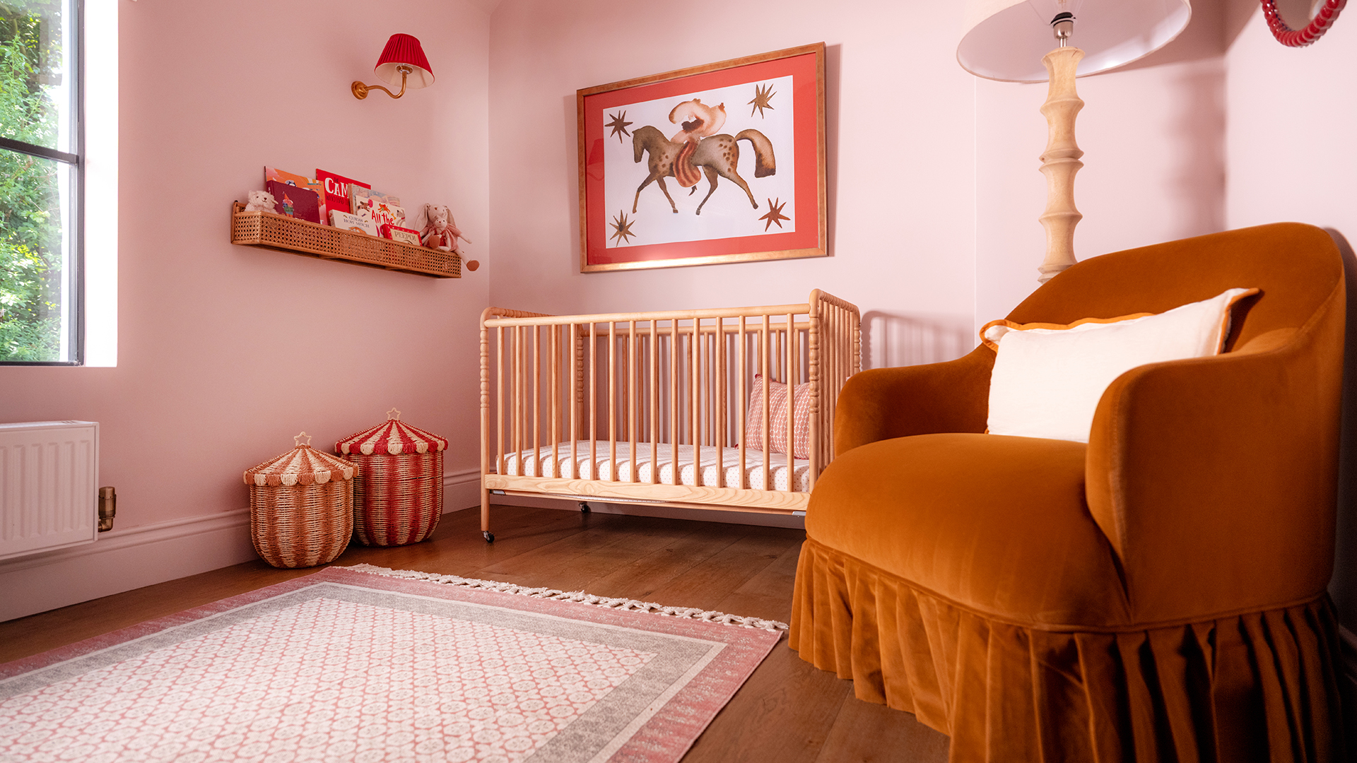Dulux Heritage Potters Pink on walls and ceilings, Dulux Heritage Pale Nutmeg on skirting is complemented by beautiful touches of velvet and rattan
