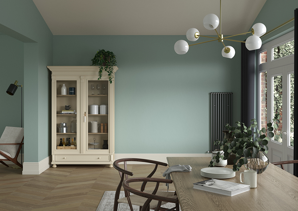 2mb Diningroom   Wall   Rosemary Leaf, Woodwork   Quartz Grey, Ceiling   Quartz Grey, Dresser   Raw Cashmere