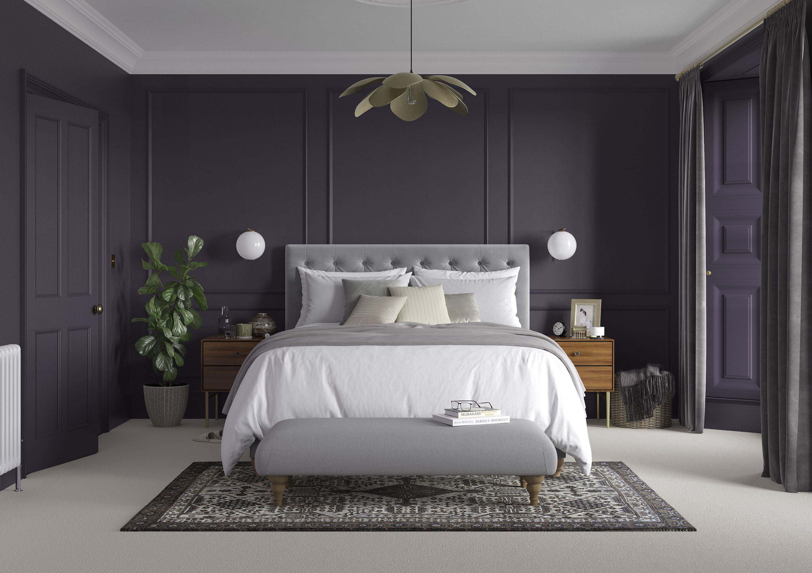 Bedroom   Wall   Dark Aubergine, Door   Dark Aubergine, Skirting   Dark Aubergine, Cornice   China White, Ceiling   Panel White