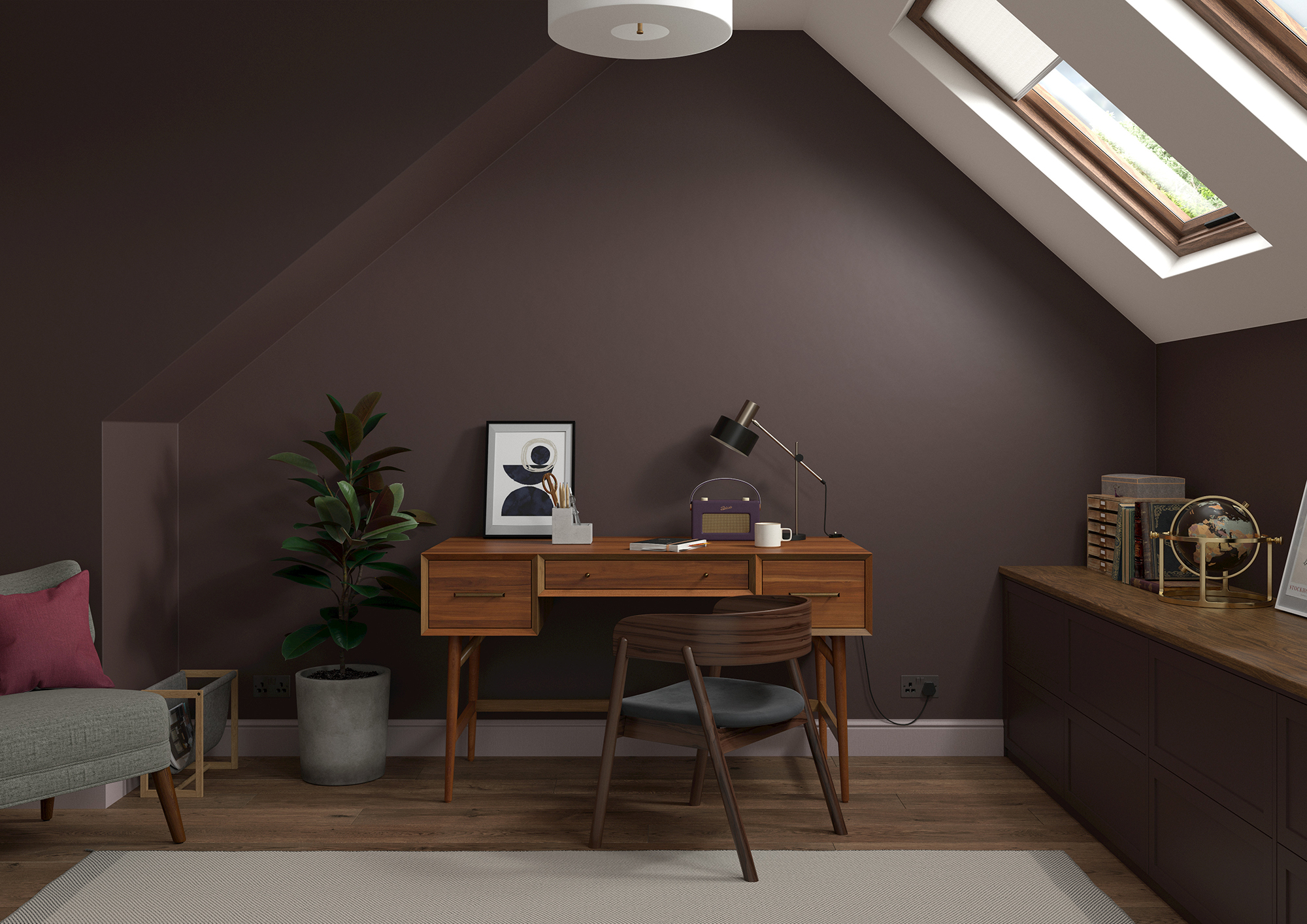 Office   Wall   Cherry Truffle, Woodwork   Dusted Heather, Ceiling   Roman White, Cabinet   Cherry Truffle