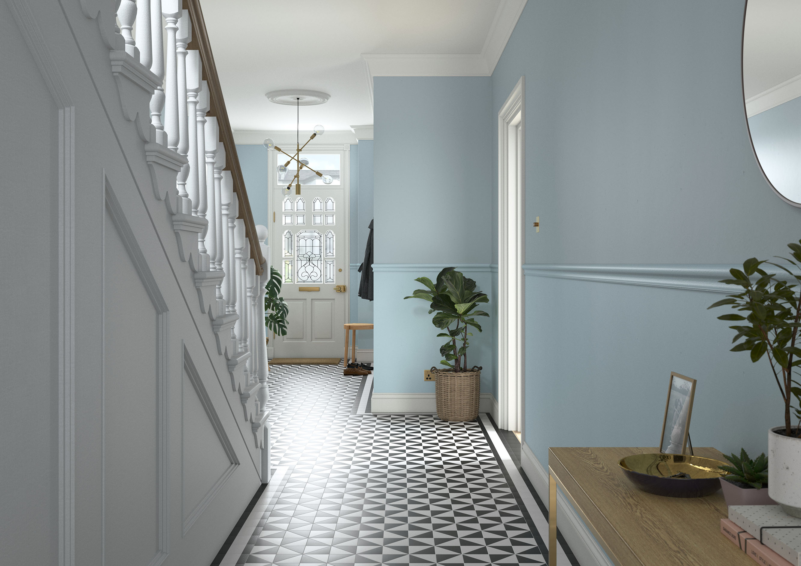 Hallway   Lowerwall   Copenhagen Blue, Upperwall   Country Sky, Stairs   Swedish White, Skirting   Edelweiss White, Door   Edelweiss White, Ceiling   Edelweiss White