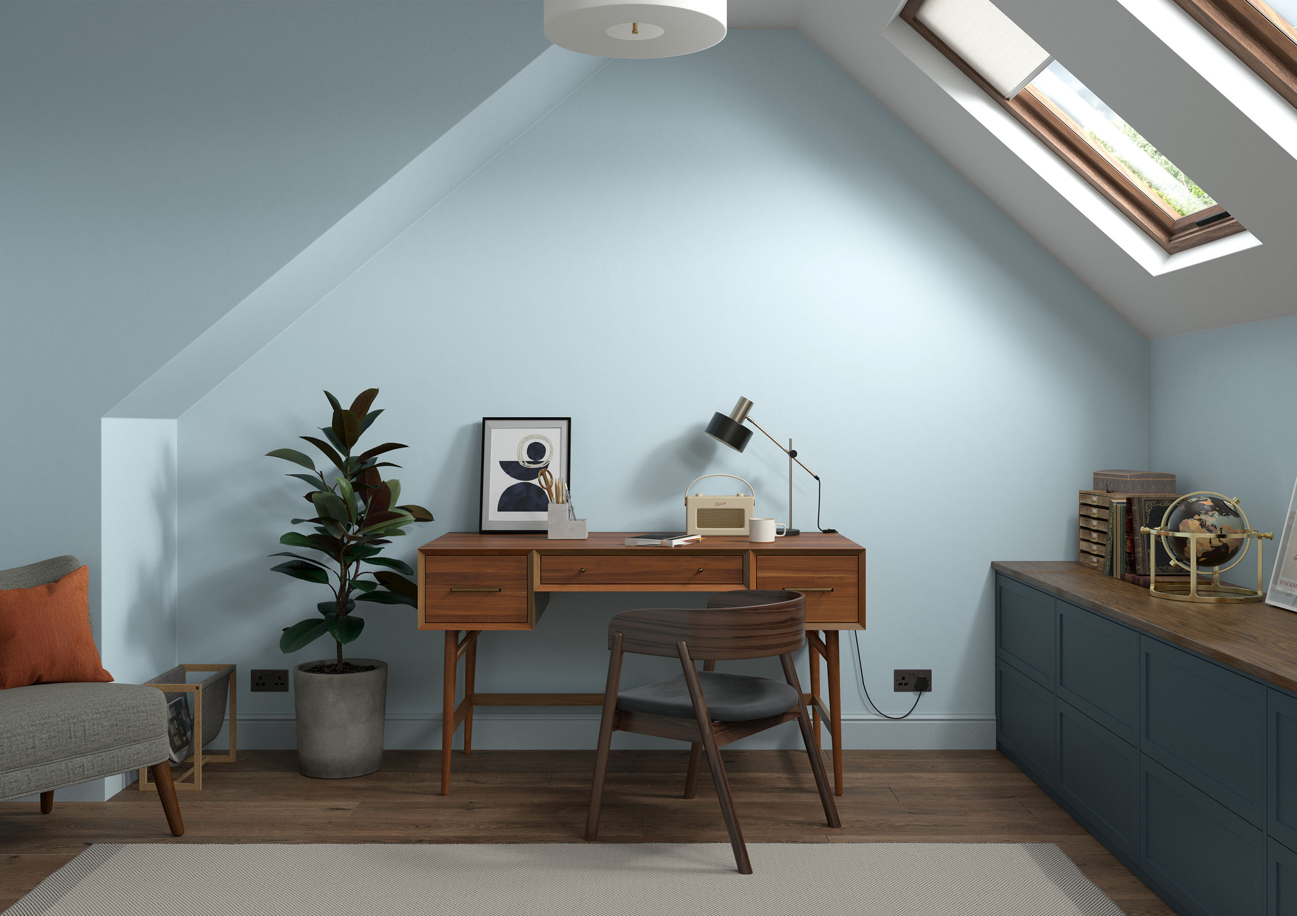 Office   Wall   Copenhagen Blue, Woodwork   Country Sky, Ceiling   Swedish White, Cabinet   Midnight Teal