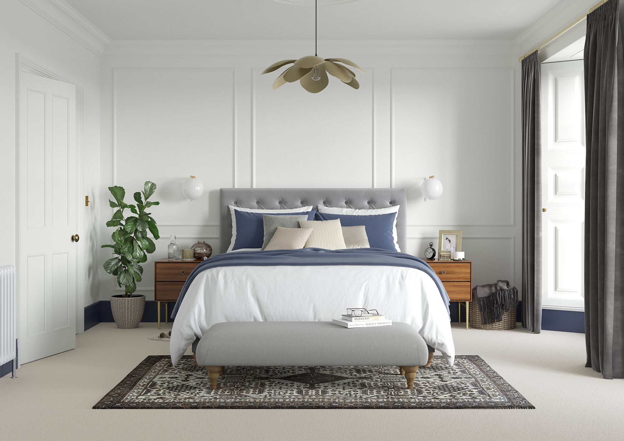 Bedroom   Wall   Indian White, Door   Indian White, Skirting   Dh Oxford Blue (heritage), Cornice   Indian White, Ceiling   Indian White