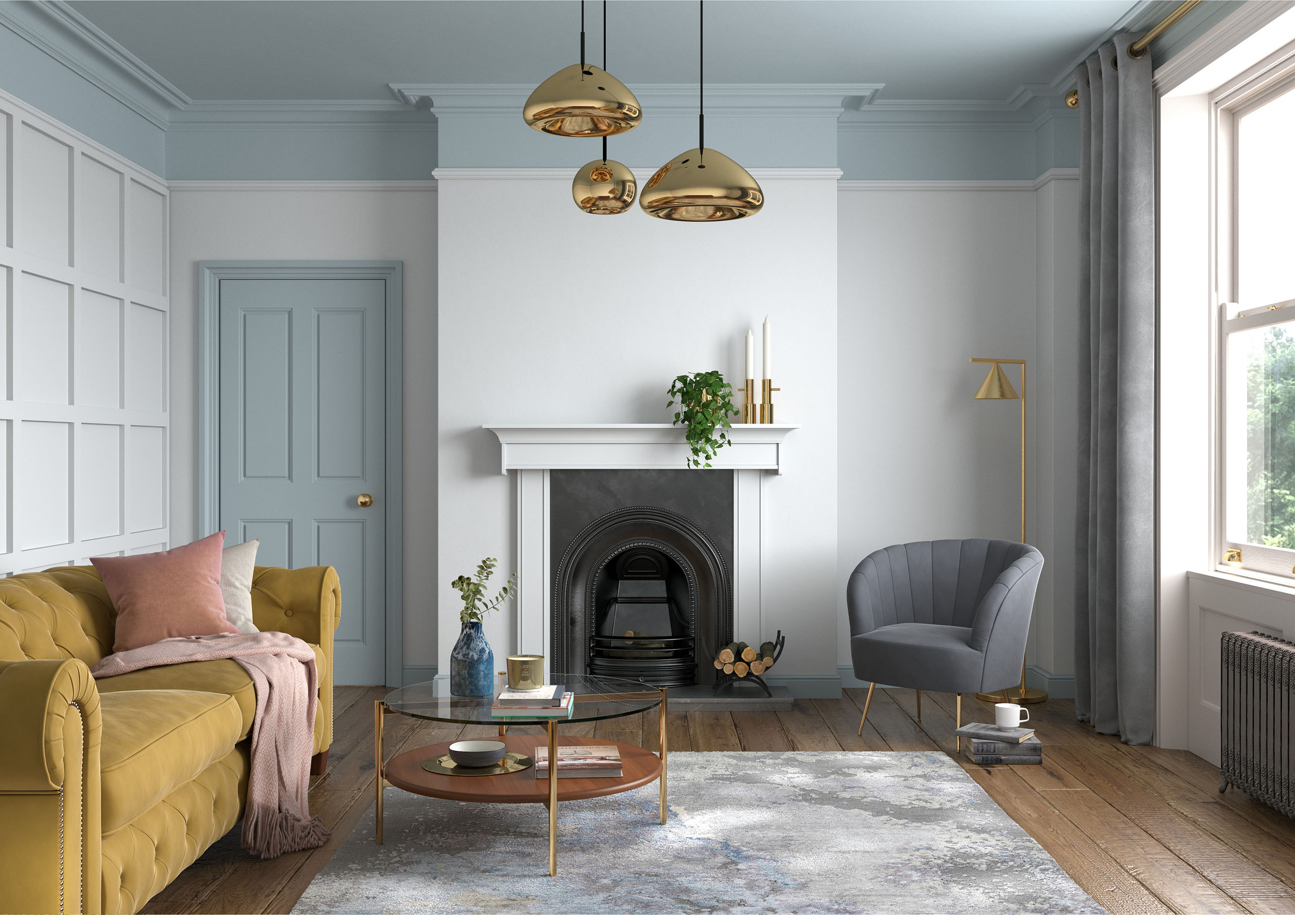 Living Room   Wall   Swedish White, Woodwork   Country Sky, Ceiling   Country Sky