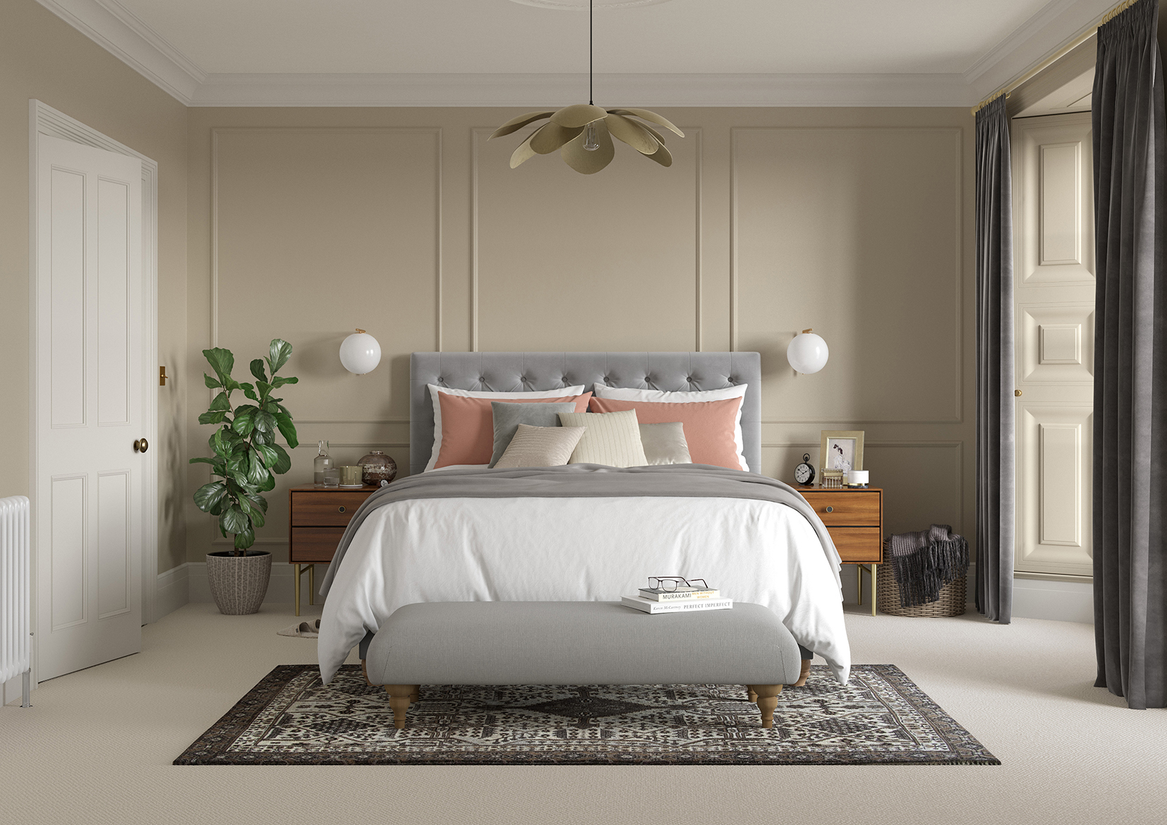 Bedroom   Wall   Setting Stone, Door   Quartz Grey, Skirting   Quartz Grey, Cornice   Quartz Grey, Ceiling   Grecian White