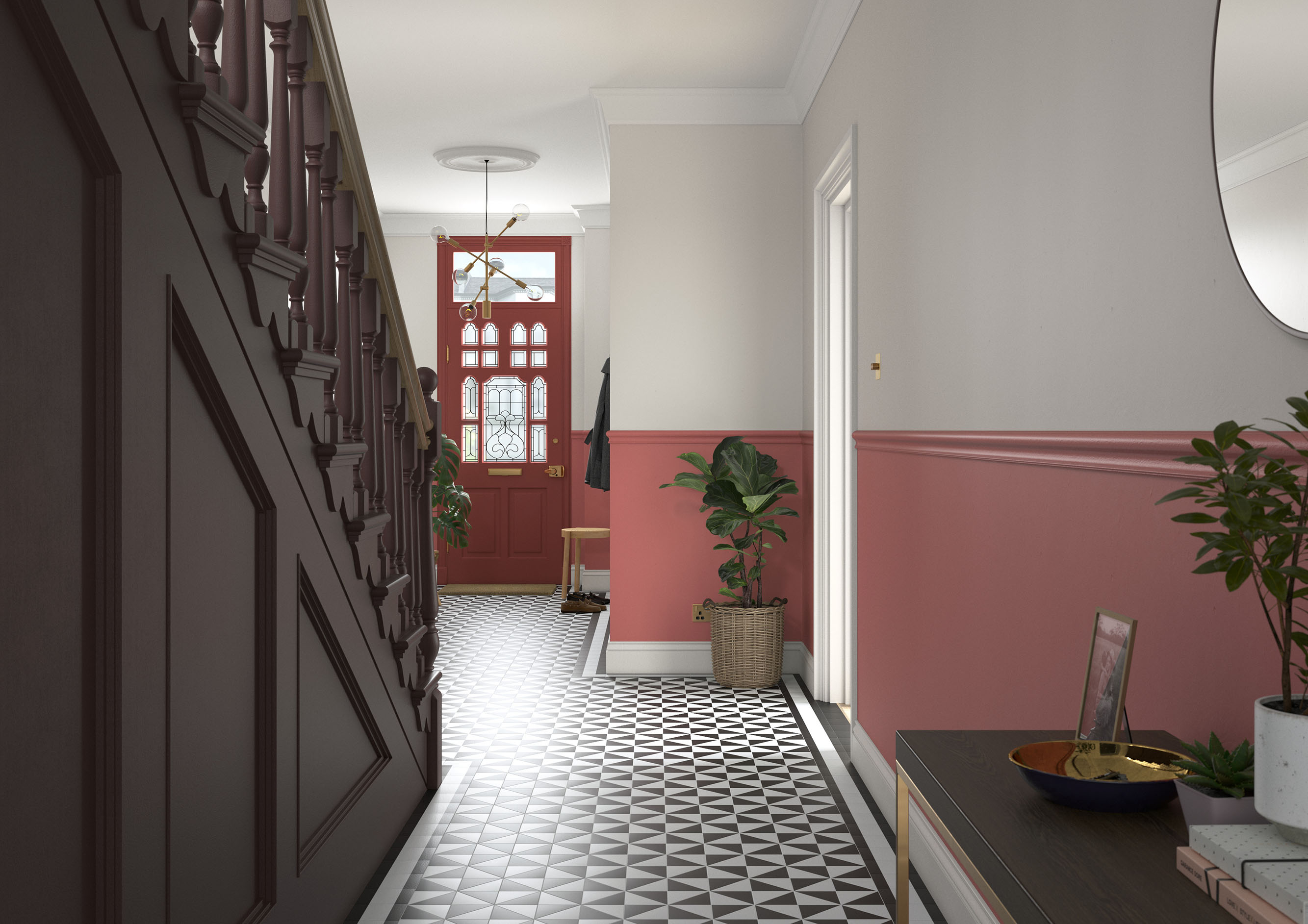 Hallway   Lowerwall   Coral Pink, Upperwall   Pale Nutmeg, Stairs   Cherry Truffle, Skirting   Roman White, Door   Red Ochre, Ceiling   Roman White0000